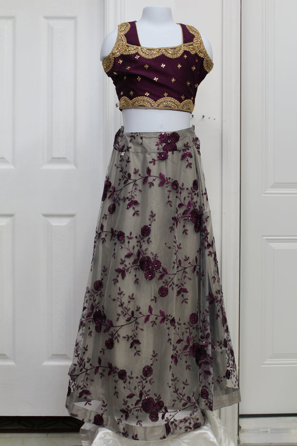 Completely unique combination of brownish-purple and dull white net lehenga for babies