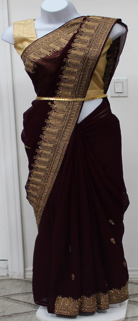 Beautiful Dark Wine & Golden Saree