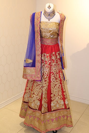 Red, Blue and Gold Lehenga