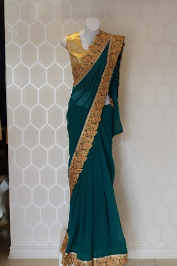 Green and Gold Georgette Saree
